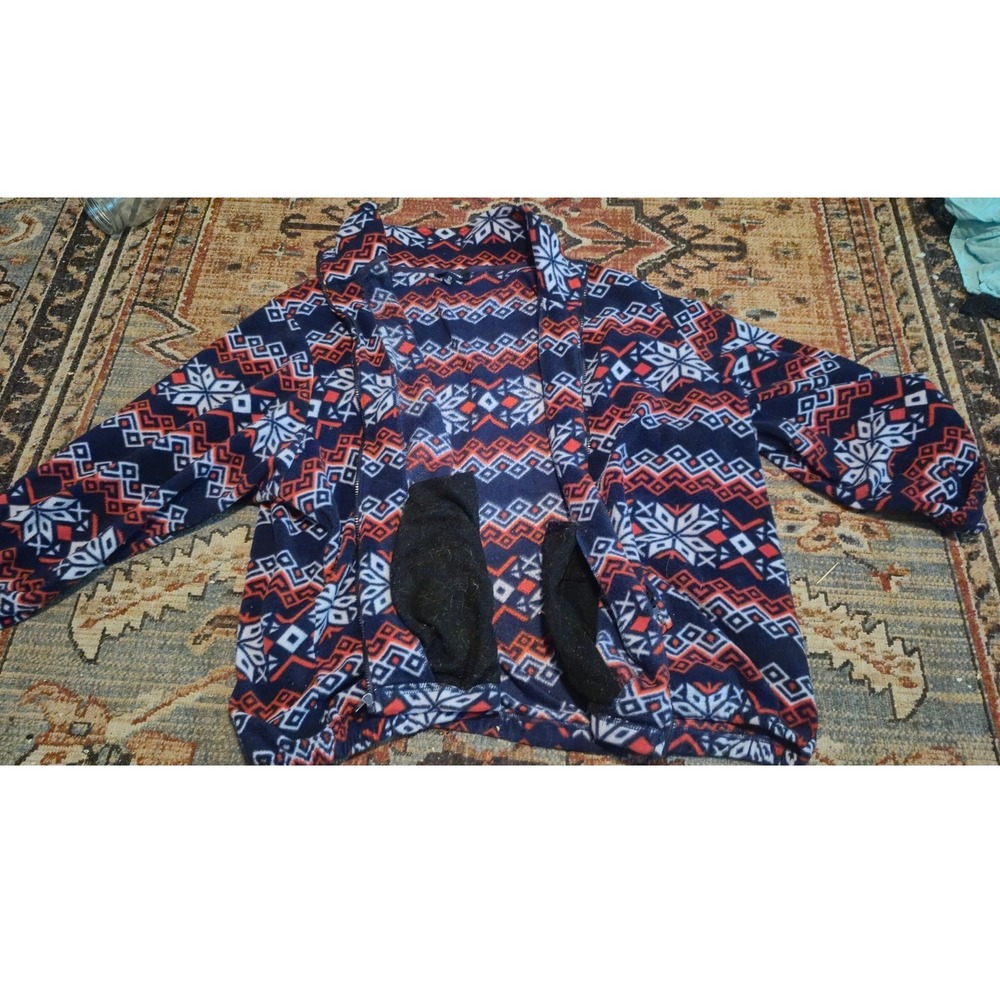 KingSize Mens Fleece Jacket XL Big Fair Isle Geometric Full Zip Navy Blue Orange